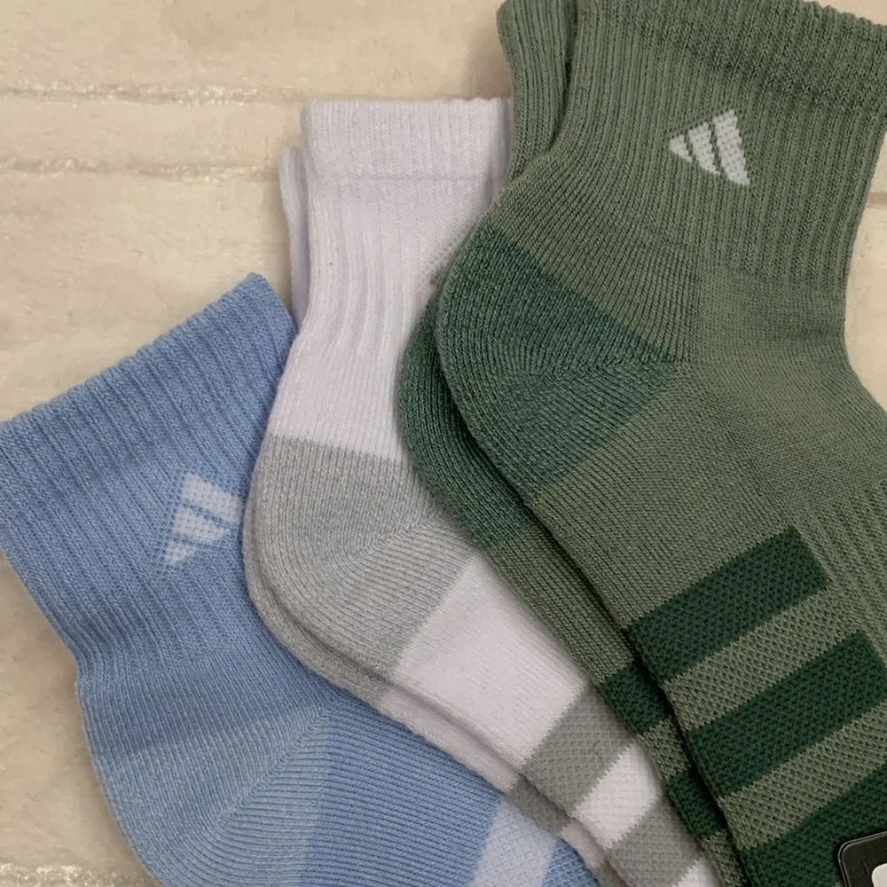 Adidas Men’s Cushioned Quarter Socks 3 pairs Size 6-12 White Blue Green